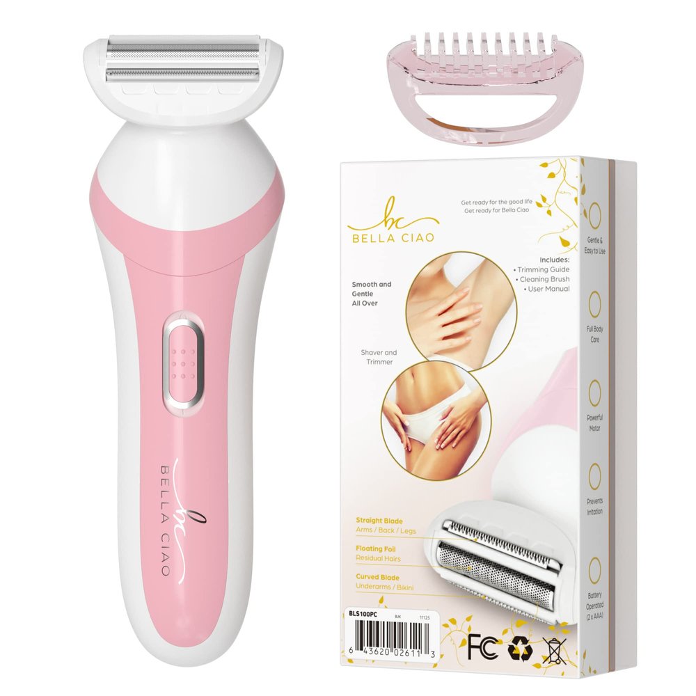 Bella Ciao Electric Shaver for Women, Cordless Full-Body Hair Trimmer, Straight and Curved Blades with Floating Foil, Includes Trimming Guide and Cleaning Brush, Batteries Not Included, Pink