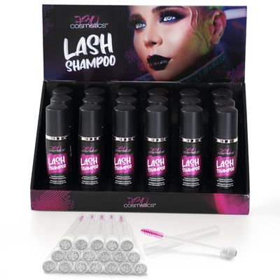 Eyelash Shampoo for Lash Extensions - Pack of 18 Lash Cleanser with Retail Display and 18 Disposable Mascara Brushes in Tubes with Glittery Caps
