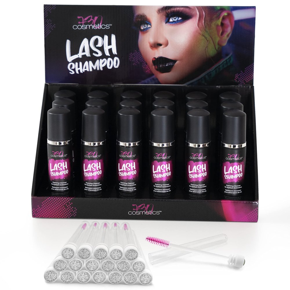 Eyelash Shampoo for Lash Extensions - Pack of 18 Lash Cleanser with Retail Display and 18 Disposable Mascara Brushes in Tubes with Glittery Caps