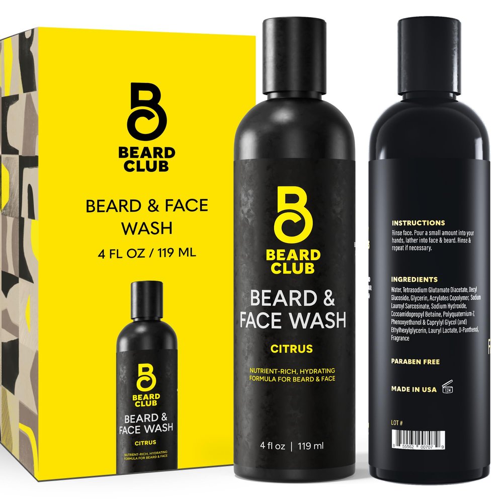 The Beard Club Citrus Beard & Face Wash All-in-One Cleanser, Softens & Nourishes Facial Hair, Hydrates & Cleans Skin, Paraben & Sulfate-Free