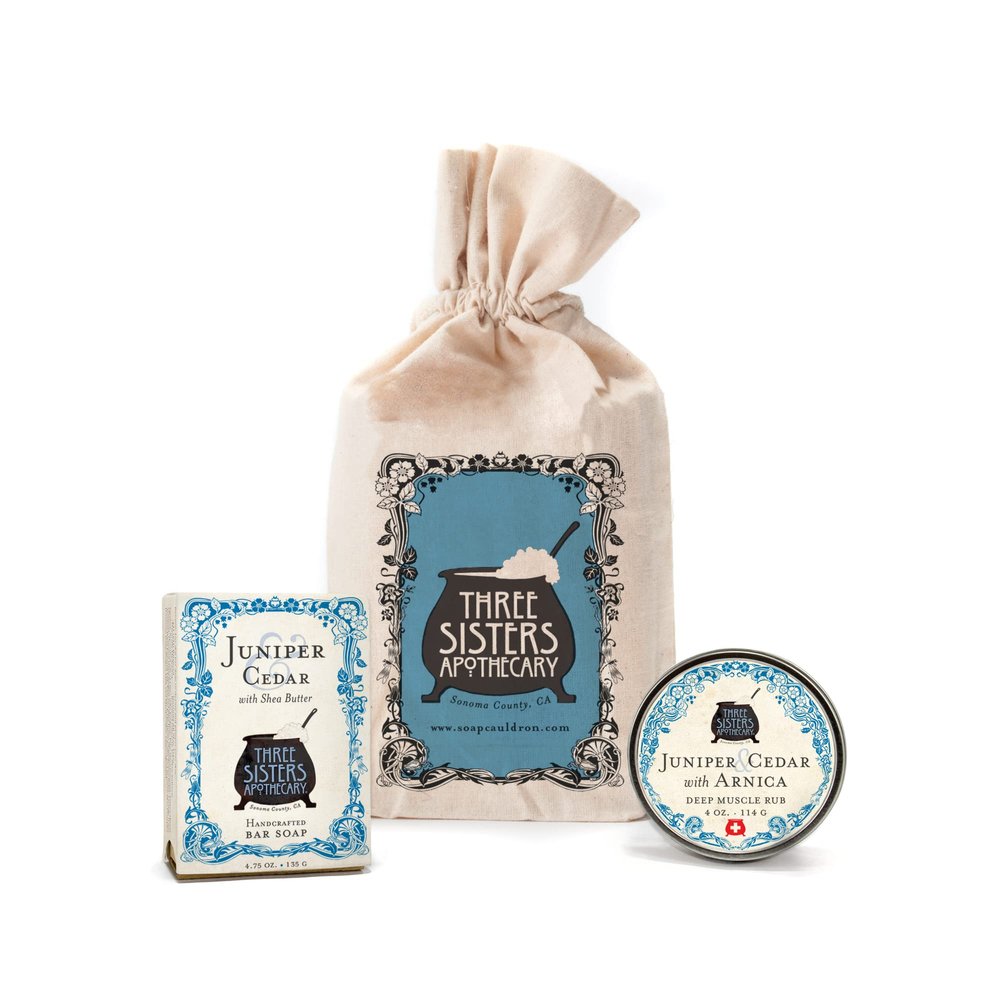 Three SIsters Apothecary Muslin Gift Set - Bar Soap and Body Butter (Juniper & Cedar)