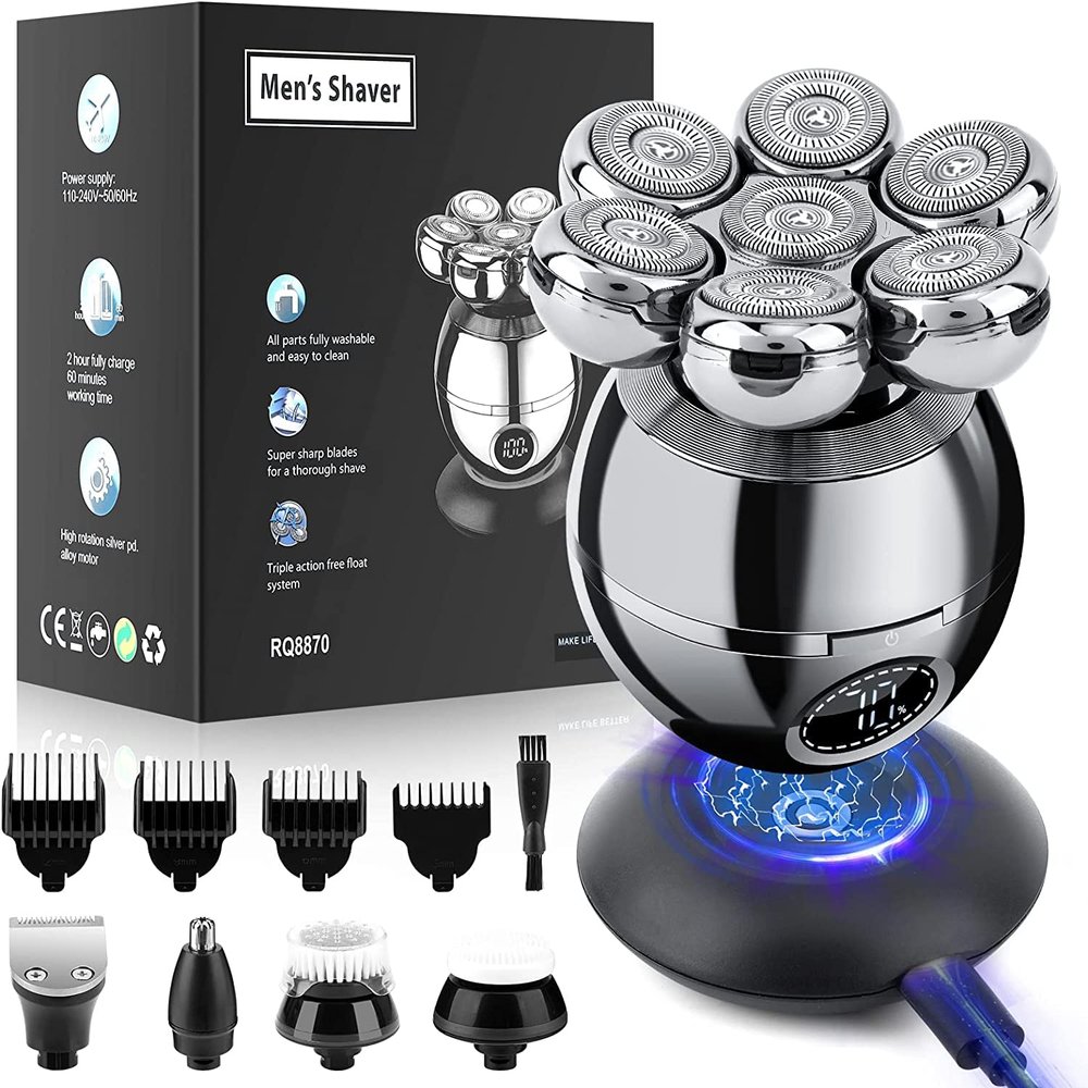 Head Shavers for Bald Men, Wjiang 6 in 1 Electric Razor Mens Shaver Wet Dry Cordless Electric Skull Shavers 7D Floating Rechargeable Bald Head Shaver Back for Men Father's Day Gifts