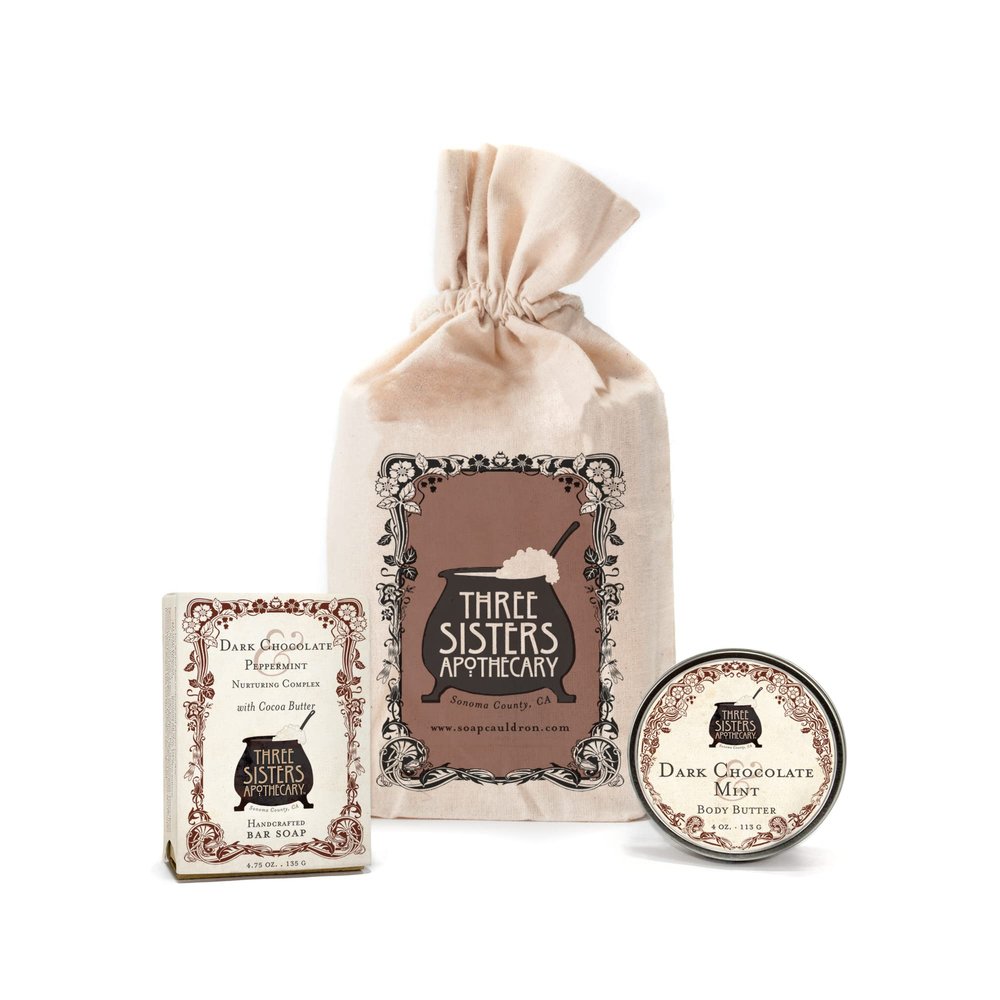 Three SIsters Apothecary Muslin Gift Set - Bar Soap and Body Butter (Dark Chocolate)