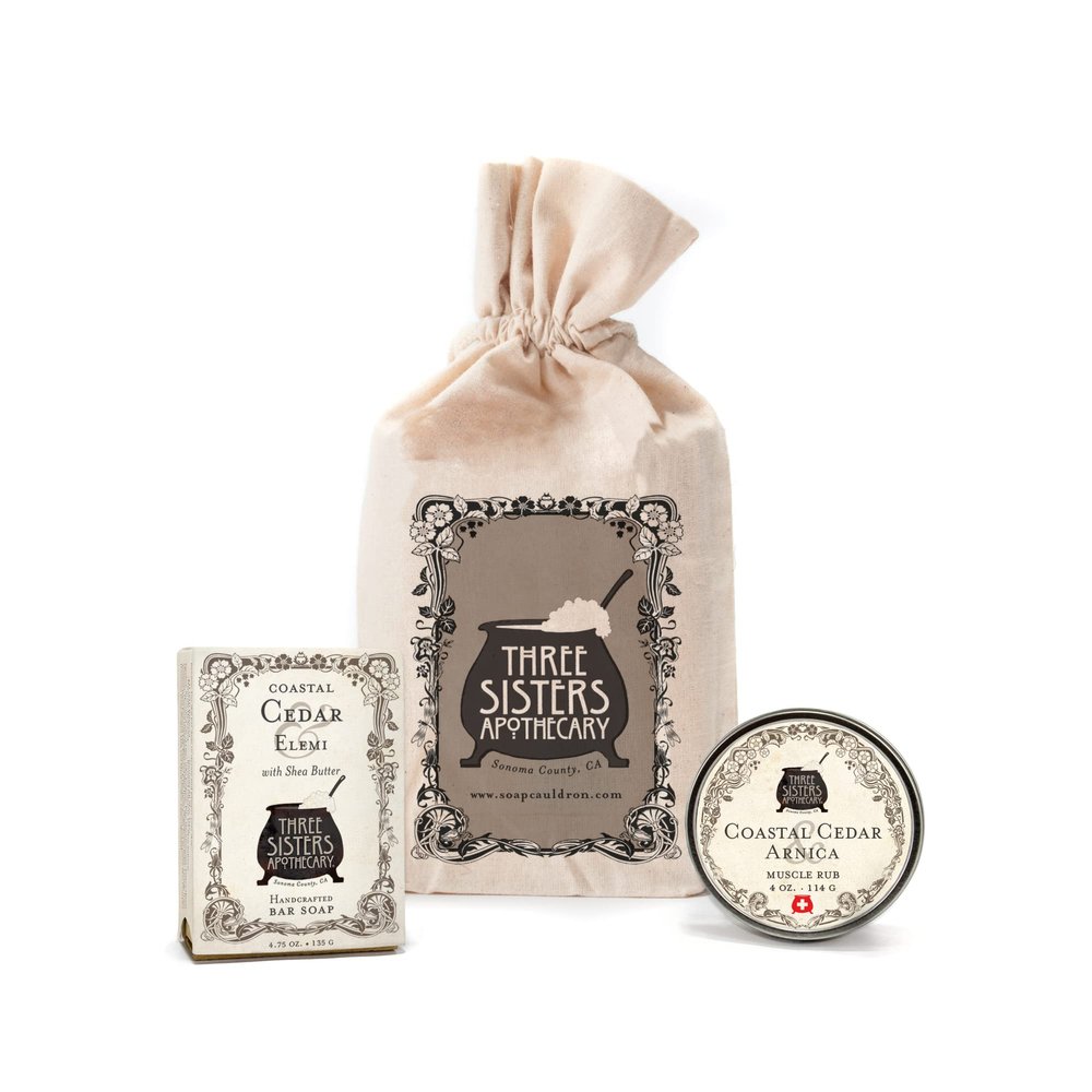 Three SIsters Apothecary Muslin Gift Set - Bar Soap and Body Butter (Coastal Cedar)