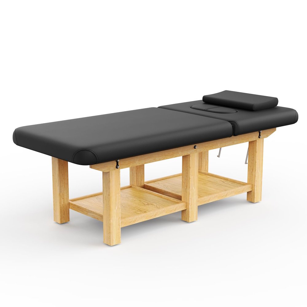 Wood Wide Stationary Massage Table for Treatment Table Physical Therapy Table Spa Facial Bed, PU Leather 31.5'' W 75'' L Heavy Duty Professional Stationary Massage Bed - Black Segmented Structure