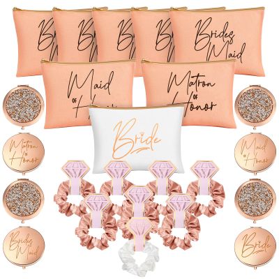 24 Pieces Bridesmaid Proposal Gifts Wedding Makeup Bag Gift Set Includes 8 Bridesmaid Makeup Bags 8 Satin Hair Scrunchies 8 Bridesmaid Compact Mirrors(Fresh Pattern)