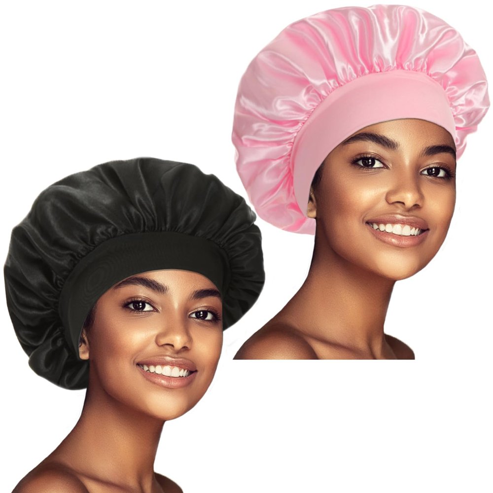 2 Pack Satin Bonnet Silk Bonnet for Sleeping Women, Hair Sleep Bonnets for Women, Wide Soft Band Large Sleep Cap for Curly Hair Braids