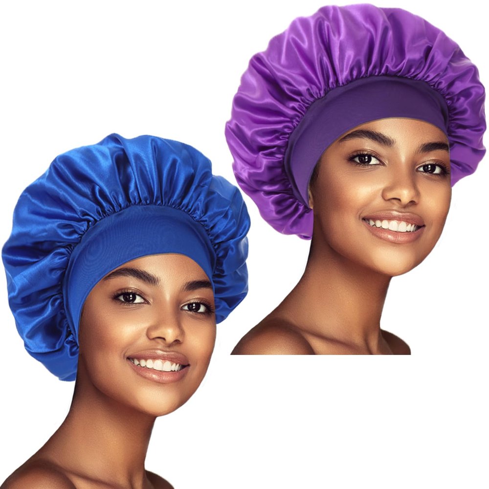 2 Pack Satin Silk Hair Bonnet for Sleeping Women, Sleep Bonnets for Women, Wide Soft Band Large Sleep Cap for Curly Hair Braids