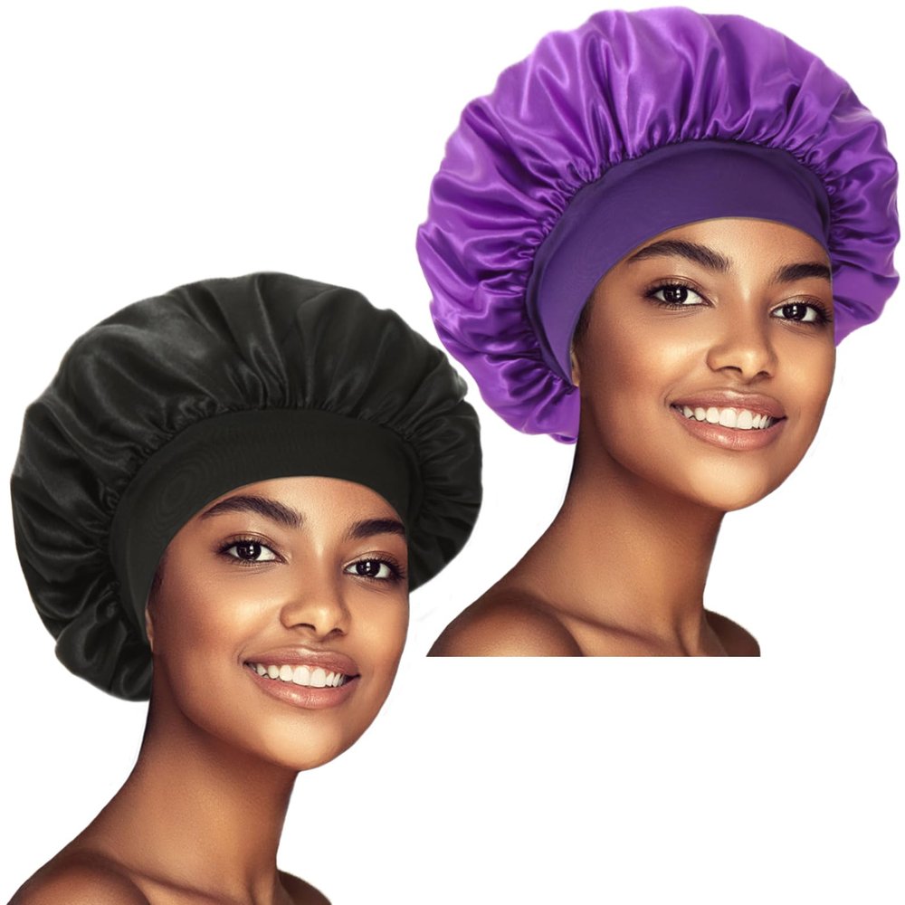 2 Pack Satin Bonnet Silk Bonnet for Sleeping Women, Hair Sleep Bonnets for Women, Wide Soft Band Large Sleep Cap for Curly Hair Braids