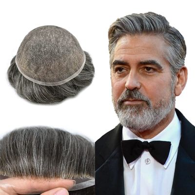 Swiss Lace Mens Toupee Hair Pieces Full Lace European Hair Toupee for Men Natural Men Hair System 7x9''-90% Light Density, 1B40# Off Black with 40% Grey