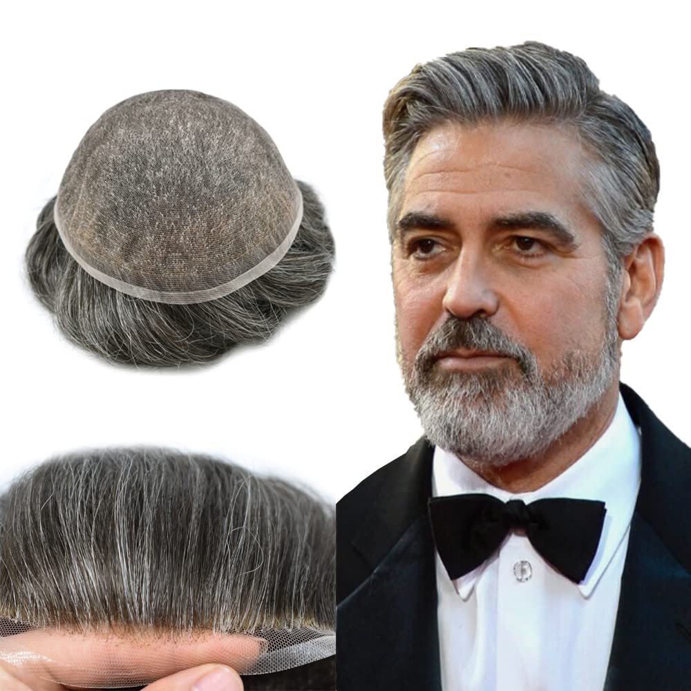 Swiss Lace Mens Toupee Hair Pieces Full Lace European Hair Toupee for Men Natural Men Hair System 7x9''-90% Light Density, 1B40# Off Black with 40% Grey