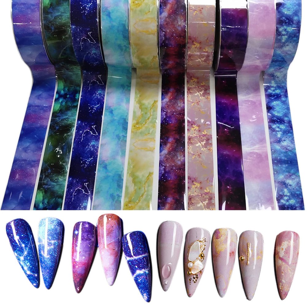 Gradient Galaxy Nail Foil Transfer Sticker Kit, 10 Rolls Starry Sky Nail Foils Sheets Adhesive Nail Art Decals Star Marble Print Transfer Foils Stickers 50m4cm DIY Nail Art Decorations Nail Supplies