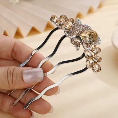 Aimimier Dainty Crystal Flower Hair Comb Sparkly Rhinestone Inlaid Hair Side Combs Long Teeth Hair Accessories for Women and Girls(Champagne)