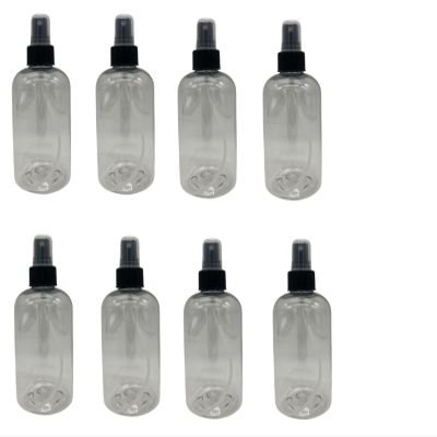 Natural Farms 8 oz Plastic Clear Boston BPA FREE Bottles - 8 Pack Empty Refillable Containers - Essential Oils Cleaning Products - Aromatherapy - Black Fine Mist Sprayers - Made in the USA