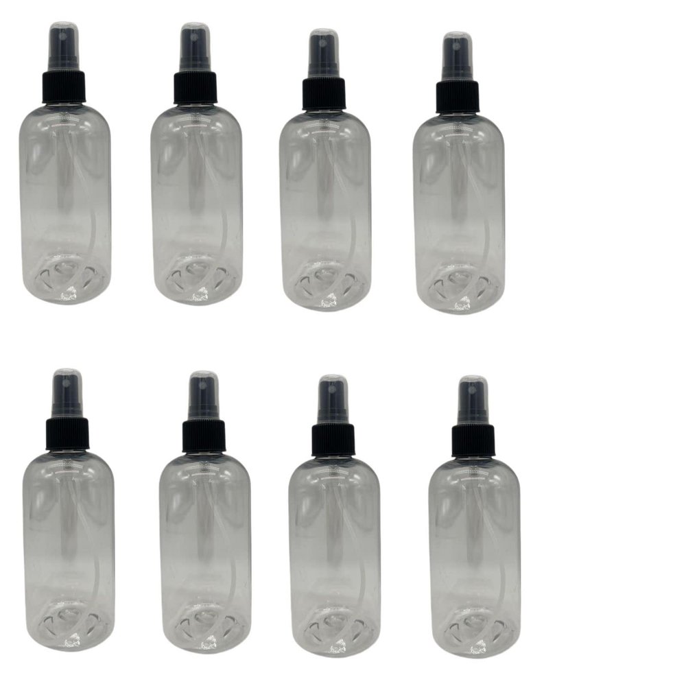 Natural Farms 8 oz Plastic Clear Boston BPA FREE Bottles - 8 Pack Empty Refillable Containers - Essential Oils Cleaning Products - Aromatherapy - Black Fine Mist Sprayers - Made in the USA