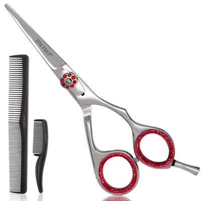 JIM PRO Hair Cutting Scissors Shears, Professional Hairdressing Scissors With Adjustable Screw (Hair Beard Trimming Shaping Grooming Shears) for Men Women Pets Home Salon (RED/SILVER) 6"