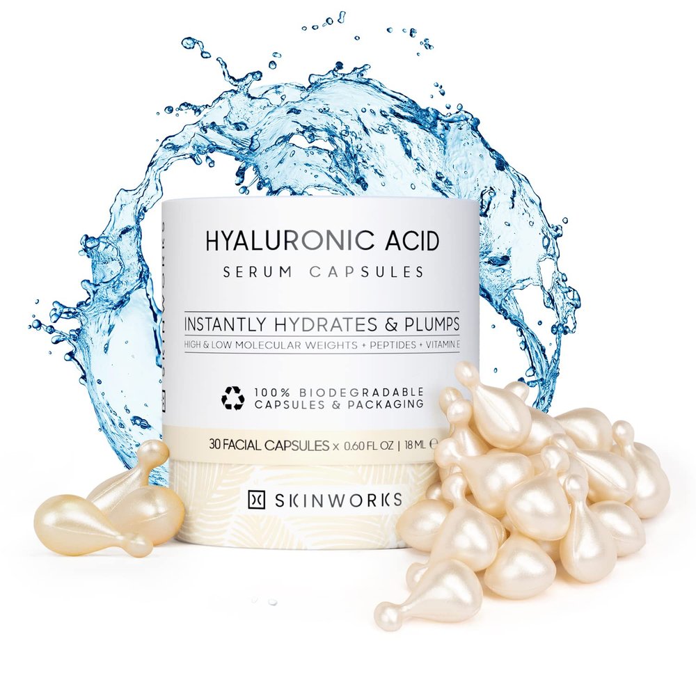SKINWORKS Hyaluronic Acid Serum for Face, Anti Aging Serum for Fine Lines & Wrinkles, Hydrating Glow, Face Moisturizer Plump & Repair Dry Skin, Unscented, 30 Capsules
