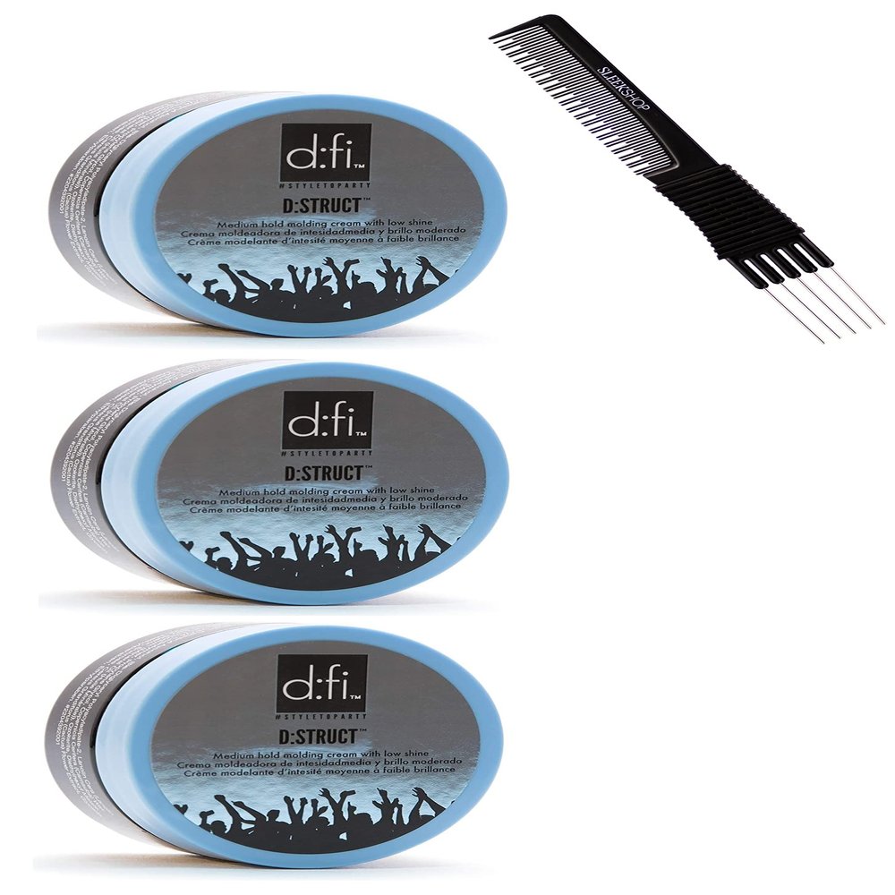 Sleekshop Comb + Dfi Dstruct Medium Hold Molding Cream with Low Shine, Hair Paste Gel Creme (Newest 2023-2024 version) with SLEEKSHOP Premium Teasing Comb (2.6 oz / 75 g (PACK OF 3))