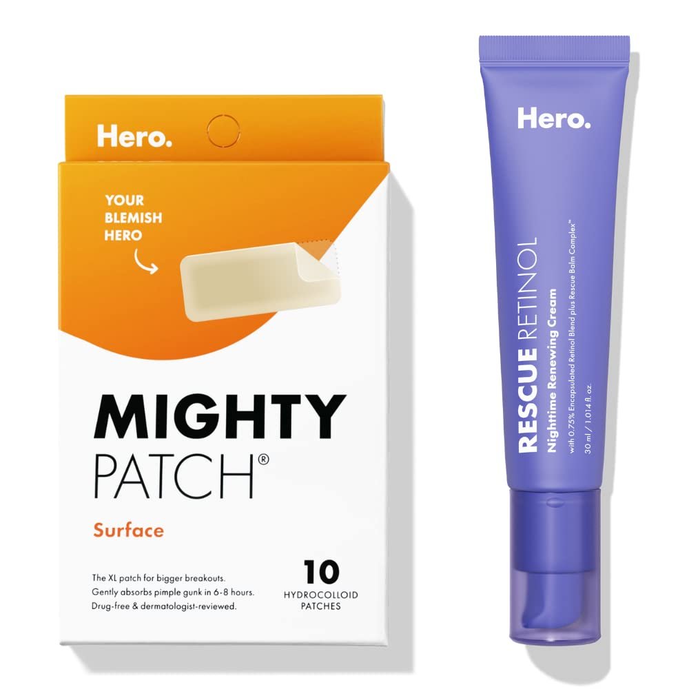 Hero Cosmetics Mighty Patch Surface Patch and Rescue Retinol Nighttime Renewing Cream Bundle