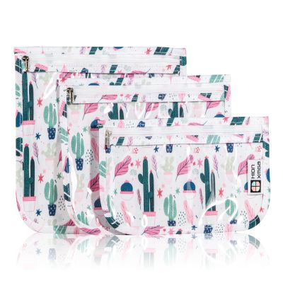 HIONXMGA TSA Approved Toiletry Bag, Set of 3 Clear Travel Toiletry Bag Quart Size Zipper Travel Pouch, Waterproof Makeup Cosmetic Bag for Women Men Kids Toiletries Carry on, Cacti B
