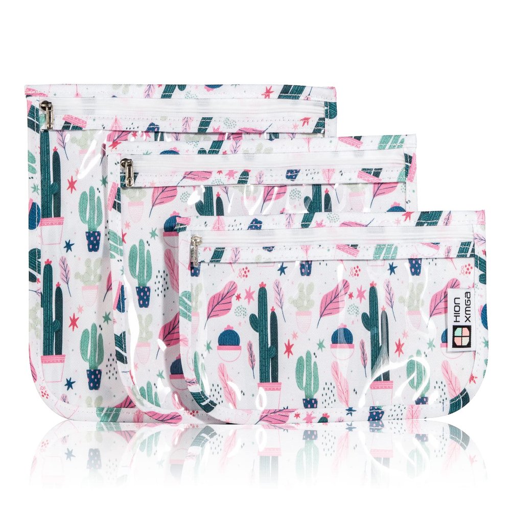 HIONXMGA TSA Approved Toiletry Bag, Set of 3 Clear Travel Toiletry Bag Quart Size Zipper Travel Pouch, Waterproof Makeup Cosmetic Bag for Women Men Kids Toiletries Carry on, Cacti B