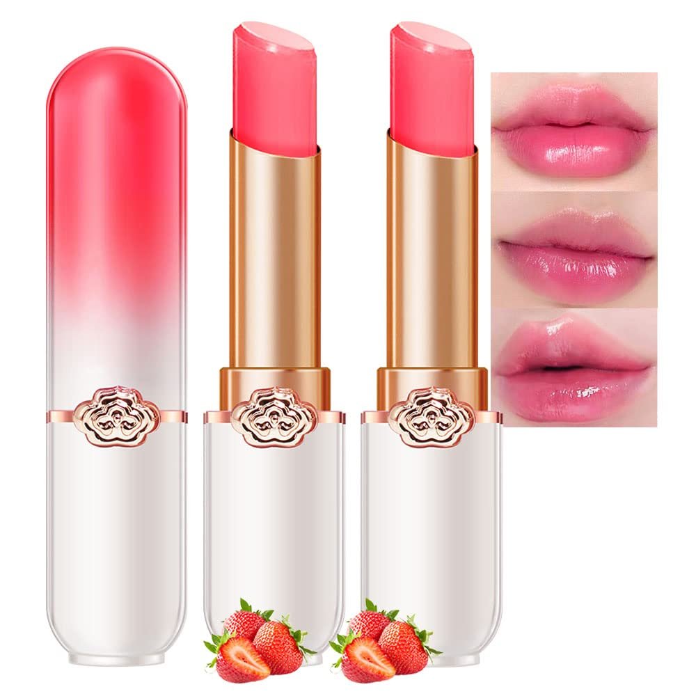 BINGBRUSH 2 Pcs Strawberry Color Changing Lipstick Queen,PH Mood Long Lasting Labiales Lip Gloss Lip Balm Tinted Magic Lip Stain Makeup Lipstick Set for Women