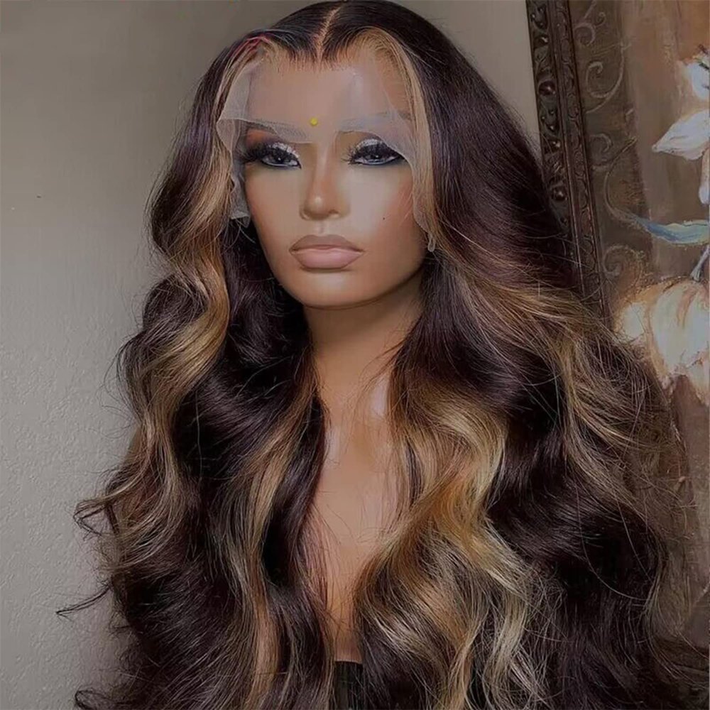 Honey Blonde Highlight Lace Front Wigs Human Hair For Women 13x4 HD Ombre Body Wave Lace Front Wig Human Hair 150% Density Glueless Wigs Human Hair Pre Plucked Brazilian Virgin Human Hair Wigs 20 Inch