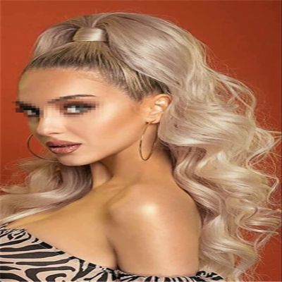 Youllyuu Synthetic Blonde Long Body Wave Drawstring Ponytailtail Clip In Hair Extensions For Women Black Brown Ash-Gold 24IN