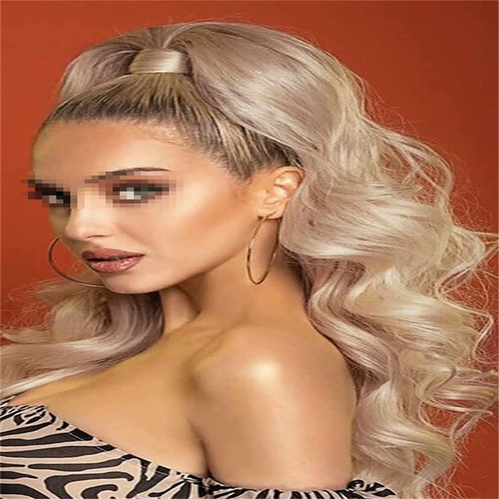 Youllyuu Synthetic Blonde Long Body Wave Drawstring Ponytailtail Clip In Hair Extensions For Women Black Brown Ash-Gold 24IN
