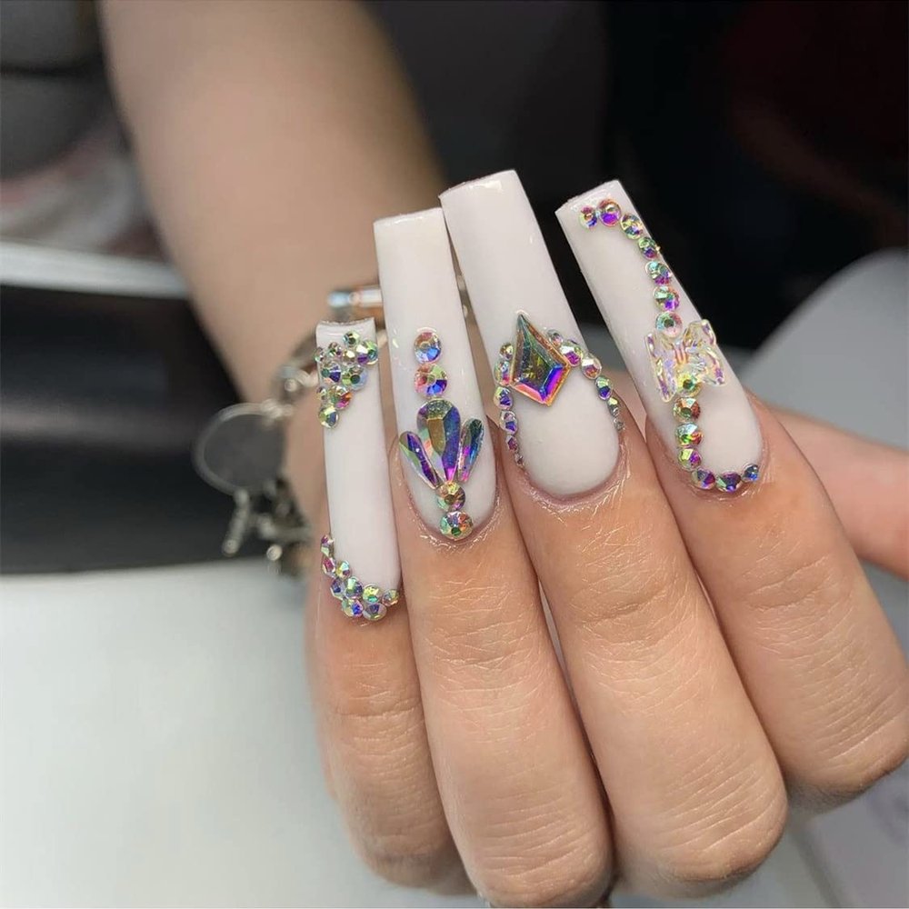 FRUJCDKI Long Press on Nails, XXXL Extra Long Square French Fake Nails False Nails with Designs,40mm White luxury diamond press-on nail set,Acrylic Full Cover Stick on Nails for Women and Girls 24 Pcs