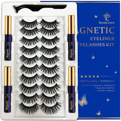 7C SevenCrown 3D Magnetic Eyelashes and Eyeliner Kit - 10 Pairs Reusable Magnetic Lashes Natural Look, Upgraded Long-Lasting 4 Tube Waterproof Liner with Application - Cruelty Free,Easy