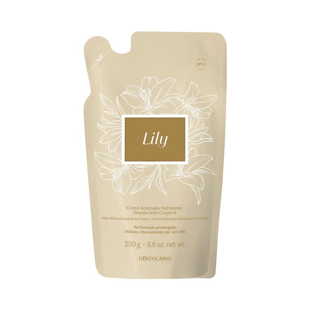 O Boticrio Lily Satin Moisturizing Body Cream REFILL POUCH, 24 Hour Fragranced Body Butter for Dry Skin, 8.8 Ounce (250g)