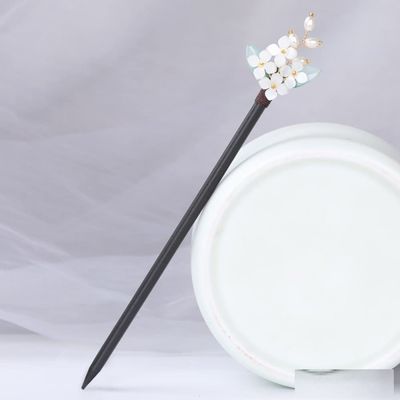 LIBERGA 2 Pack Wooden Hair Sticks for Buns,White Flower Pearl Hair Chopsticks Clips Chinese Vintage Hairpin for Women