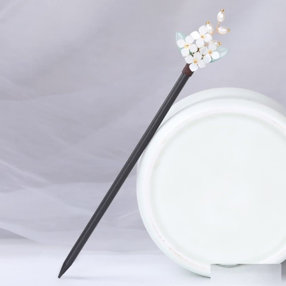 LIBERGA 2 Pack Wooden Hair Sticks for Buns,White Flower Pearl Hair Chopsticks Clips Chinese Vintage Hairpin for Women