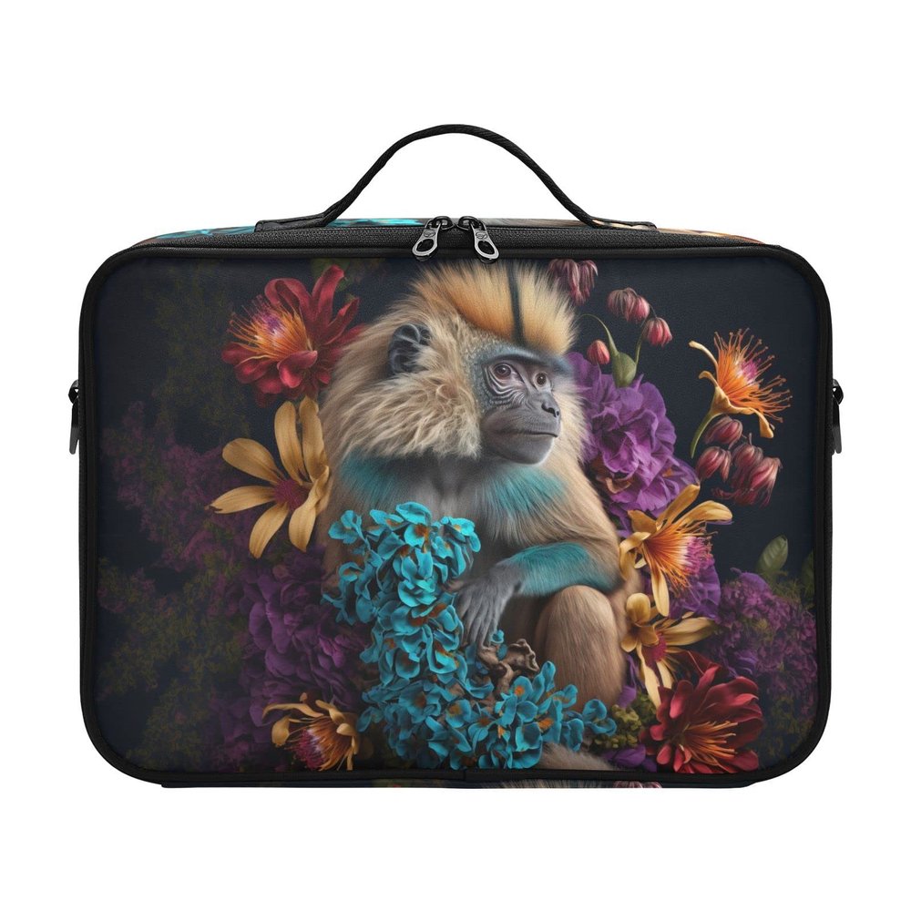 FOLIOSA Makeup Train Case (Flowers Monkey), Lare Capacity Zipper Cosmetic Organizer with Adjustable Dividers for Makeup Brushes Cosmetics Jewelry Toiletry, Artist Storage Bag Plus Size