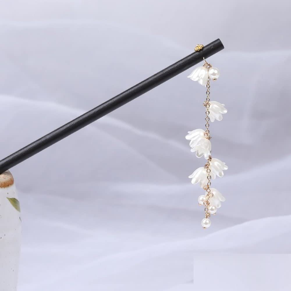 LIBERGA Wooden Hair Sticks for Buns,2 Pack,White Flower Hair Chopsticks Clips Pearl Tassel Hairpin for Long Hair