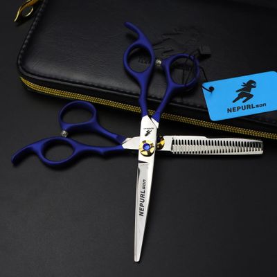 6.0 Inch Hair Cutting Scissors Set, High Grade Orange Gasket Thinning Shears Hair Cutting Scissors, Professional Bangs Barber Shears Kit Tools, Free Scissors Pack, for Hair Stylist Or Home Use(Blue)