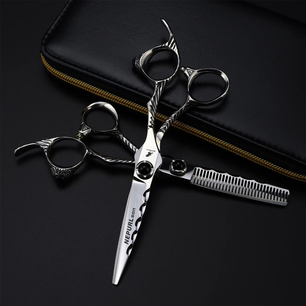 6.0 Inch High Grade Hair Cutting Scissors Set, Barber Hair Cutting & Thinning Shears, 440C Stainless Steel Thinning Shears Hair Cutting Scissors, Free Scissors Pack, for Barber And Home Use