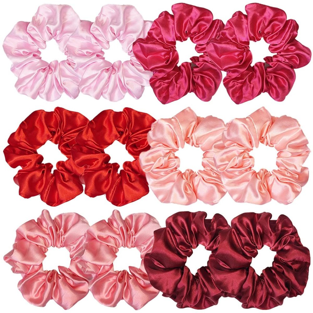 12 Pcs Satin Silk Scrunchies Soft Hair Ties Fashion Bands Hair Bows Elastic Bracelets Ponytail Holders Accessories for Women and Girls (4.5 Inch, Assorted Red)