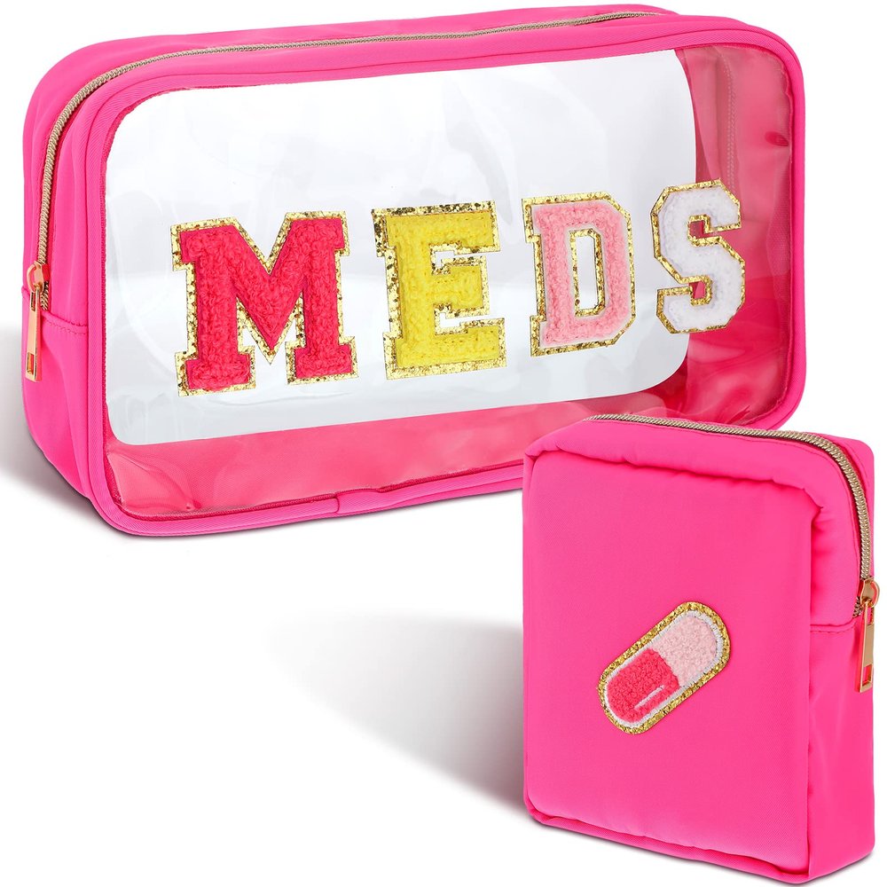 Hillban 2 Pcs Christmas Medicine Letter Bag Gift Chenille Preppy Clear Nylon Portable Makeup Meds Cases for Travel PVC Transparent Mini First Aid Storage Bag for Women(Lovely)