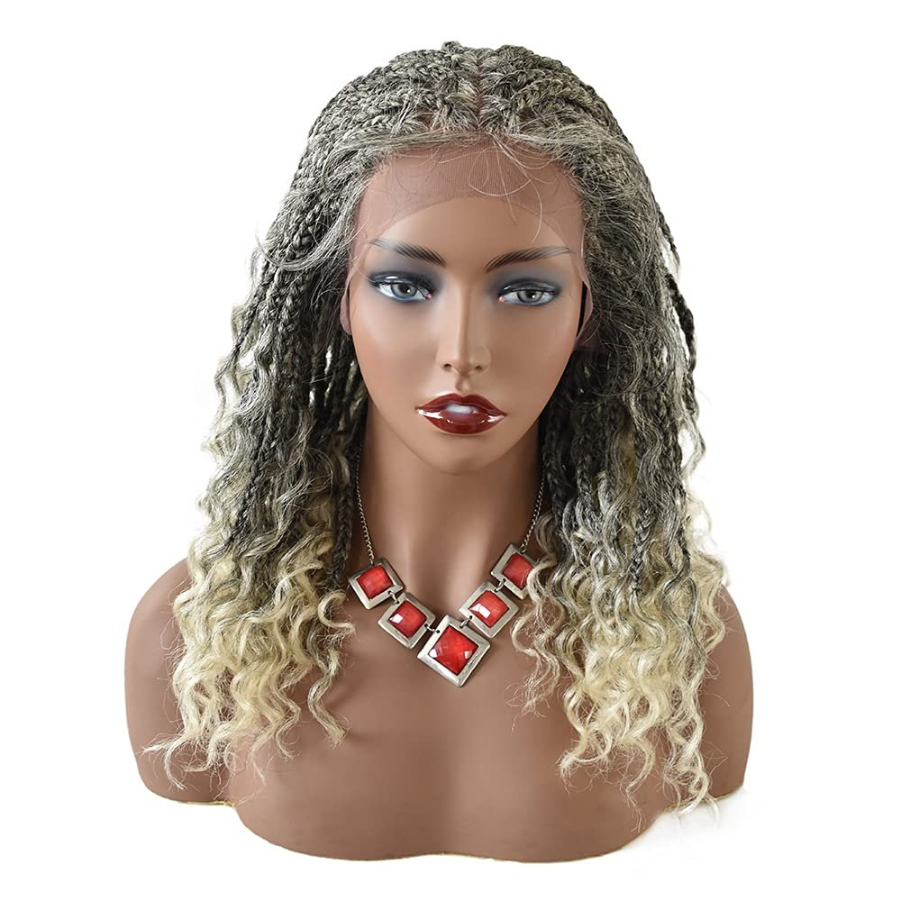 12.5X4.75 Curly Braided Swiss Lace Front Wigs for Women with Baby Hair 18" Hand Made Crochet Hair Curly Ends Box Braided Wig Heat Friendly Kanekalon Synthetic (#1B/613T Black Blonde Ombre Color)