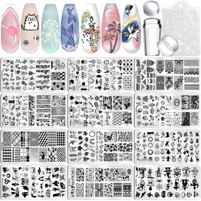 Biutee Nail Stamping Plate Set 12Pcs Nail Art Stamping Plates Nail Stamping Kit Nail Stamper Kit Flower Leaves Animal Lace Star Christmas Design Nail Stamp Plate