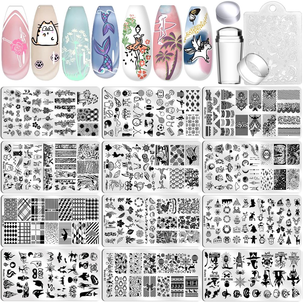 Biutee Nail Stamping Plate Set 12Pcs Nail Art Stamping Plates Nail Stamping Kit Nail Stamper Kit Flower Leaves Animal Lace Star Christmas Design Nail Stamp Plate