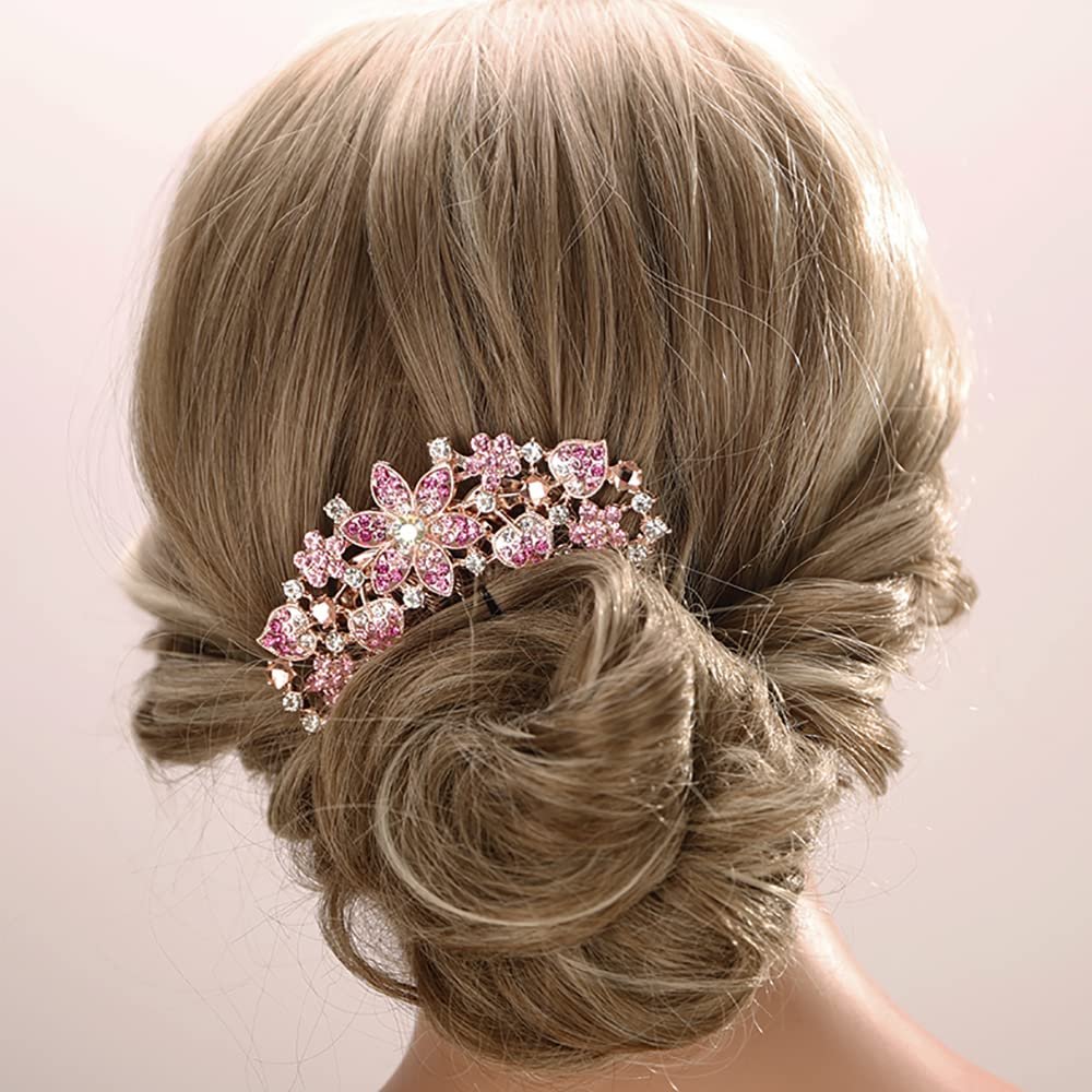 Aimimier Luxury Rhinestone Inlaid French Combs Crystal Hair Comb Barrette Hair Pins Hair Accessories for Brides and Bridesmaids(Pink)