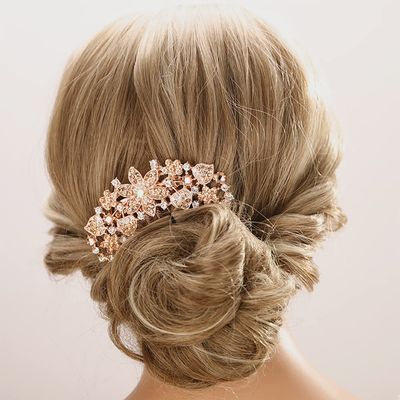 Aimimier Luxury Crystal Inlaid Flower Hair Side Combs Decorative Rhinestone Headpieces Wedding Hair Accessories for Women(Champagne)