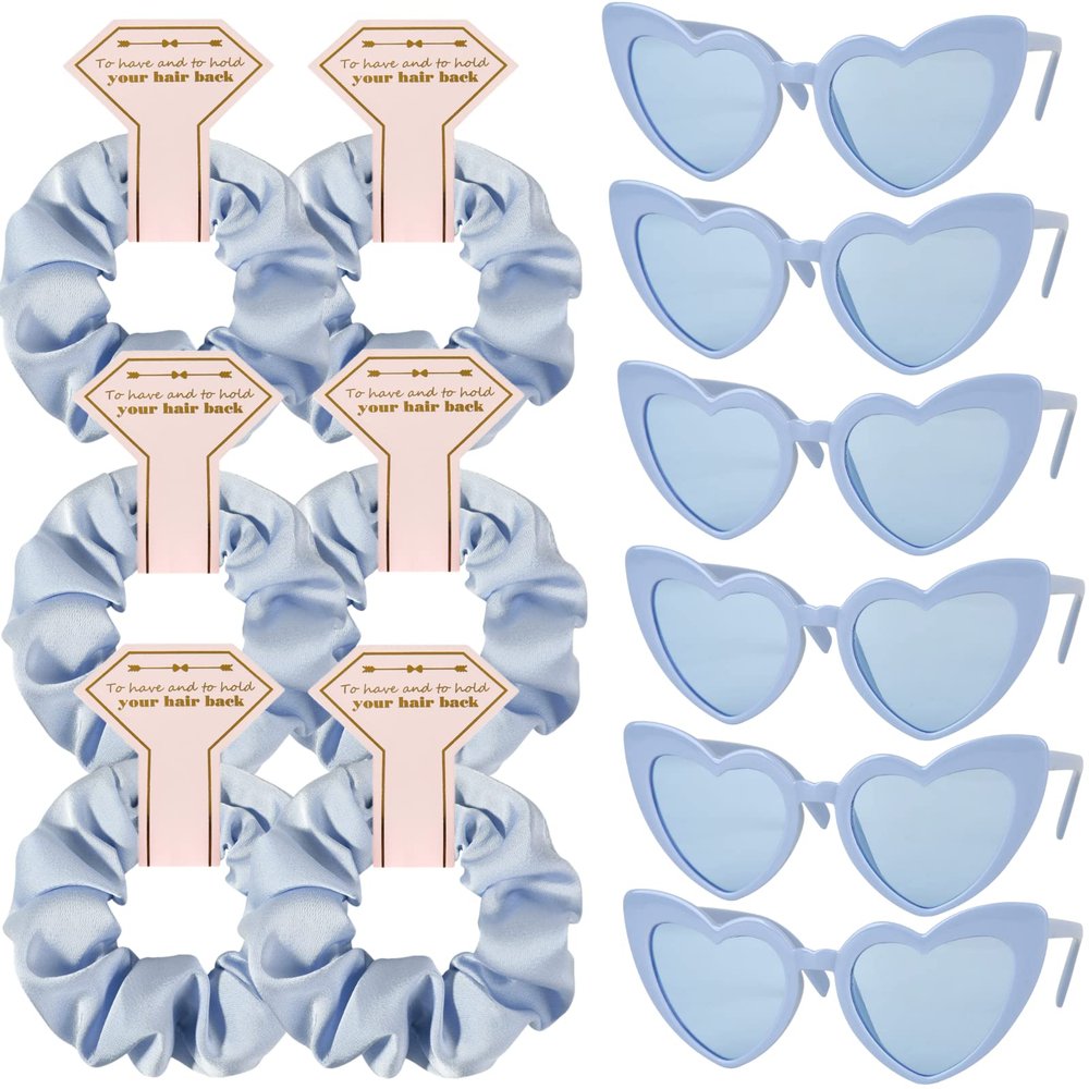 Loanzeg Satin Bridesmaid Scrunchies Bachelorette Hair Ties Set of 6 sunglasses Bridal Shower No Damage Hairties ideas Gift for Wedding Party Favors Bridesmaid Proposal Gifts (Dusty Blue)