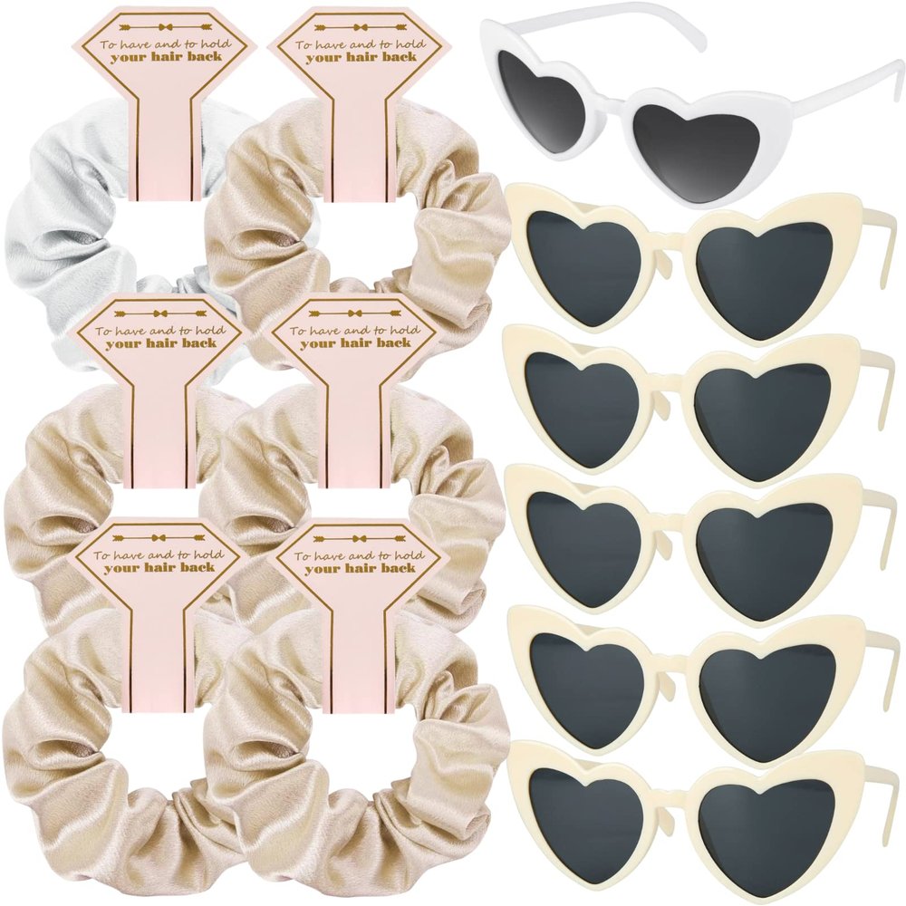 Loanzeg Satin Bridesmaid Scrunchies Bachelorette Hair Ties Set of 6 sunglasses Bridal Shower No Damage Hairties ideas Gift for Wedding Party Favors Bridesmaid Proposal Gifts (White&Champagne)