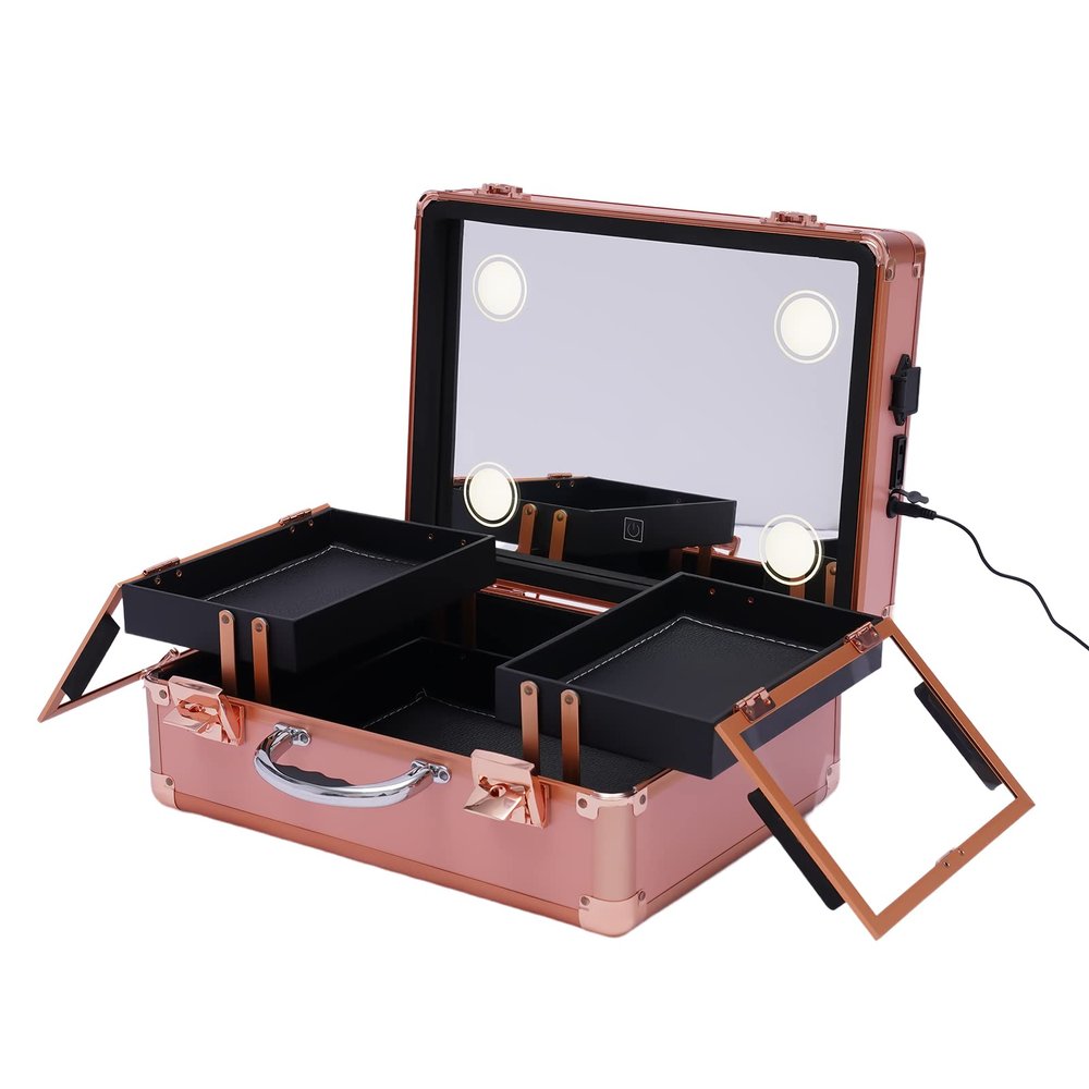 CeRaBuRET Makeup Train Case, Cosmetic Organizer Box Makeup Case with Lights and Mirror, Makeup Case with Customized Dividers, Large Makeup Artist Organizer Kit For Storing (Rose Gold)
