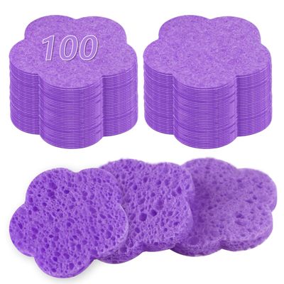 100-Count Facial Sponges Compressed Facial Sponges Natural Facial Cleansing Sponges Pads Cute Flower Shape Exfoliating Sponges for Cleansing Reusable,Best Makeup Gift, Purple