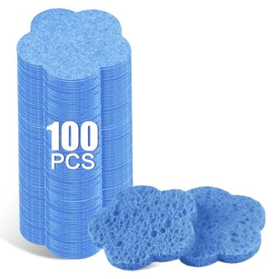 100-Count Facial Sponges Compressed Facial Sponges Natural Facial Cleansing Sponges Pads Cute Flower Shape Exfoliating Sponges for Cleansing Reusable,Best Makeup Gift, Blue